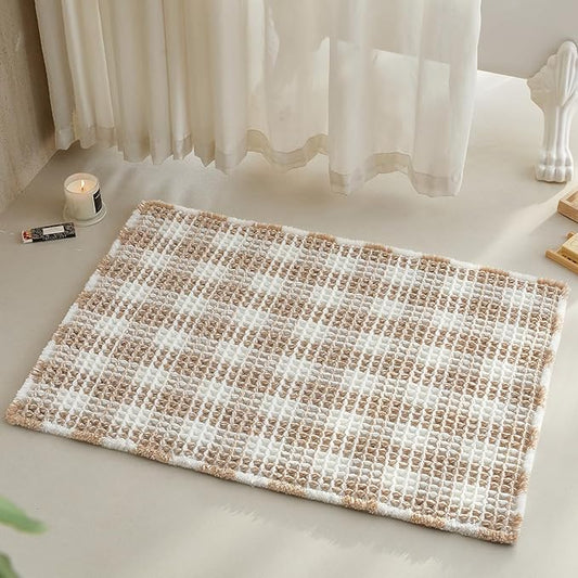 Waffle Bath Mat, Boho Bathroom Rugs Non Slip Washable Absorbent Checkered Bathroom Mat Quick Dry Farmhouse Bathroom Decor, 36"x24" Khaki and White