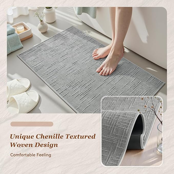 AMOAMI Bath Mat Non Slip Super Absorbent Quick Dry Bath Mats for Bathroom Floor Rubber Backing Washable Bathroom Rugs Modern Woven Jacquard Mat, Beside Tub Bath Rugs, 2' x 5', LightGrey
