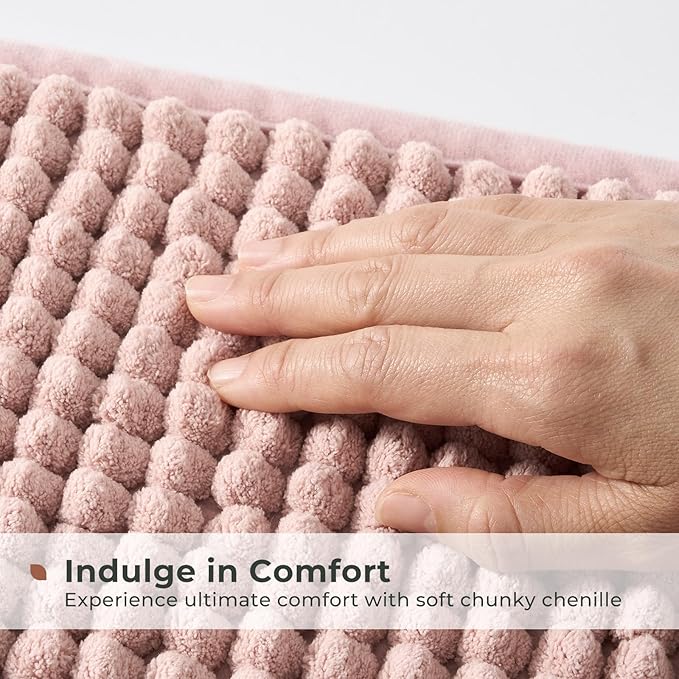 FRESHMINT Thick Chunky Chenille Bathroom Rugs 17"x24", Non Slip Bath Mat for Bathroom Floor, Large Soft Bathroom Decor Accessories, Cute Shower Mat Water Absorbent, Washable, Dusty Pink