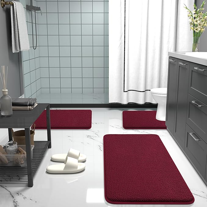 OLANLY Thick Memory Foam Bath Mat Rug 36x24, Extra Soft Absorbent Bathroom Rug, Quick Dry Bath Mats, Non-Slip, Machine Washable Carpet for Bathroom, Tub and Shower, Home Decor Accessories, Burgundy