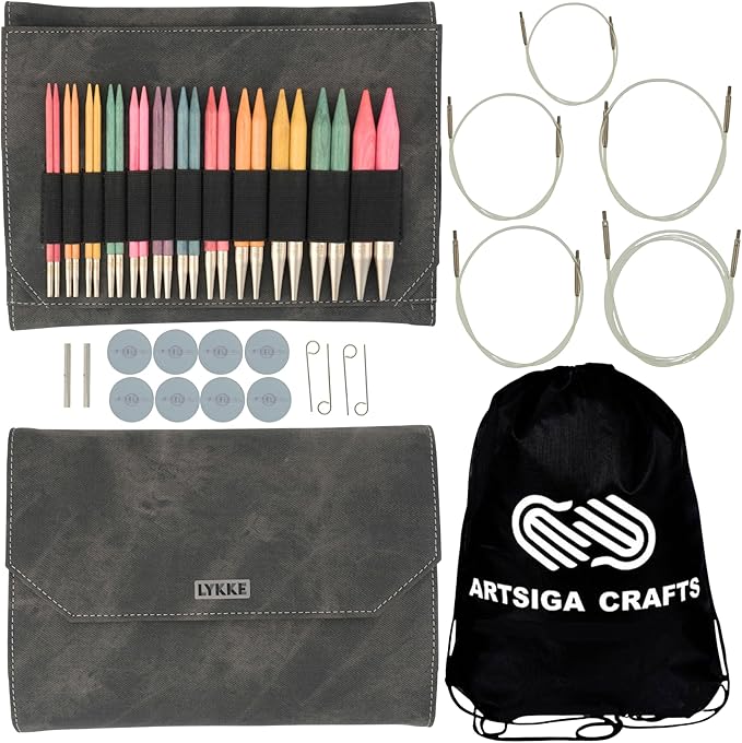 Lykke Colour 5 in. Complete Set US Sizes 4, 5, 6, 7, 8, 9, 10, 10.5, 11, 13, 15, 17 Interchangeable Circ. Knitting Needles for DK, Worsted, Chunky Yarns, Birch, 5 Cords, Grey DM Case, Project Bag
