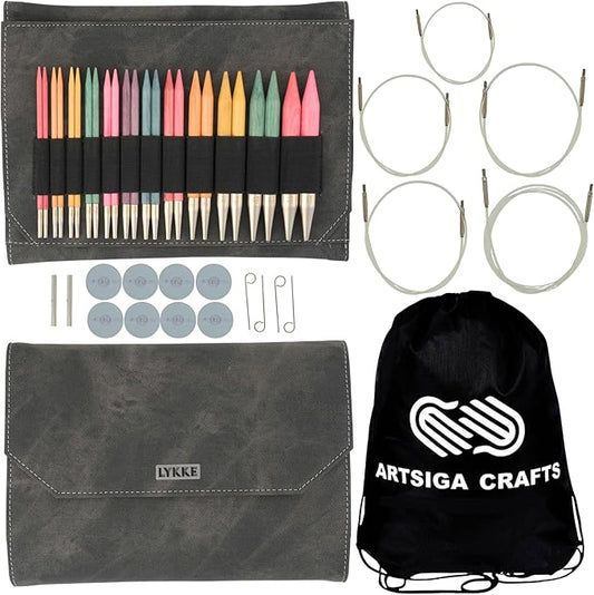 Lykke Colour 5 in. Complete Set US Sizes 4, 5, 6, 7, 8, 9, 10, 10.5, 11, 13, 15, 17 Interchangeable Circ. Knitting Needles for DK, Worsted, Chunky Yarns, Birch, 5 Cords, Grey DM Case, Project Bag