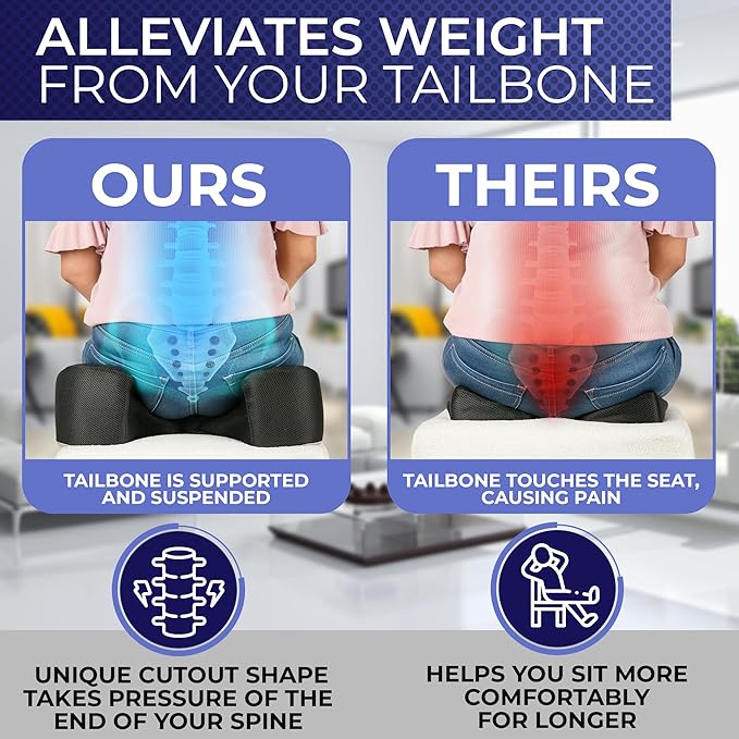 YogiBum Patented Cushion | Extra Large Tailbone Gap | Med Size for 150-190lbs | XL Size for 190lbs+ | Relief for LowBack, Tailbone, Sciatica, Hemorrhoids | Snug Fit on Office/Computer Chairs