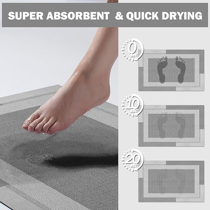 Non Slip Bath Mat, Rubber Backing Ultra Thin Bathroom Rugs Fit Under Door Quick Dry Super Absorbent Washable Bath Rug Shower Mat for Bathroom Floor Bathtub Shower Sink, Easy Care Gray 16"x 24"