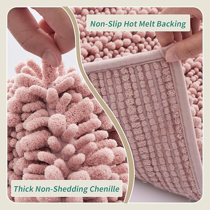 Non Slip Bathroom Rug Machine Washable Thick Pink Bath Mat 24x44 Soft Absorbent Bathroom Floor Mat Chenille Bath Rug for Shower Tub
