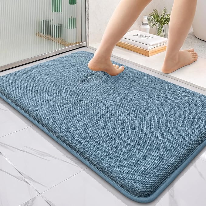 OLANLY Thick Memory Foam Bath Mat Rug 36x24, Extra Soft Absorbent Bathroom Rug, Quick Dry Bath Mats, Non-Slip, Machine Washable Carpet for Bathroom, Tub and Shower, Home Decor Accessories, Airy Blue