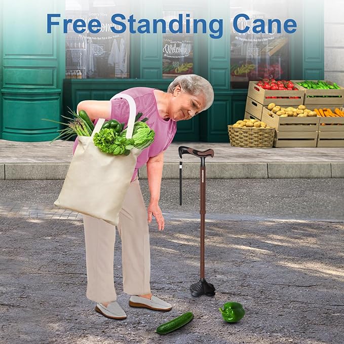KingPavonini Walking Cane for Men Women Stability, Free Standing Foldable Cane, Ergonomic Handle Pivoting Quad Base, Heavy Duty 350 LBs, Adjustable Walking Canes for Seniors Balance with Travel Bag