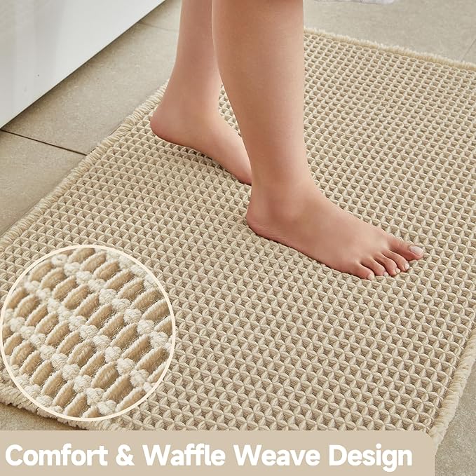 Pale Beige Bathroom Rug, Waffle Bath Mat Non Slip Washable Super Absorbent Quick Dry Boho Farmhouse Bathroom Decor, 48''x24'' / 4'x2' Pale Beige