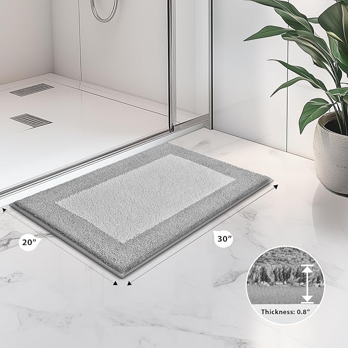Bathroom Rugs 20" x 30", Non-Slip Extra Soft Absorbent Bath Rugs, Machine Washable Quick Dry Bath Mats for Bathroom Floor, Shower, Bathtub and Sink, Light Grey & Grey
