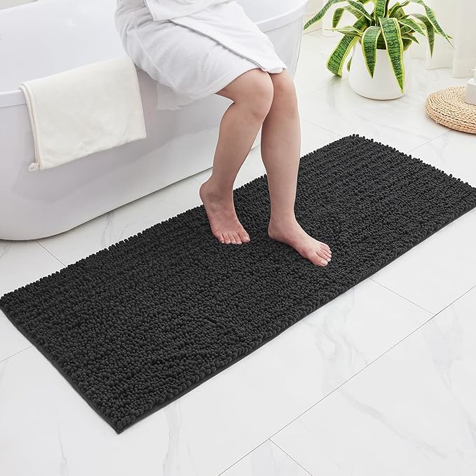 Bathroom Runner Rug 24x70 Non Slip Washable Long Bath Mat for Tub Thick Soft Absorbent Bathroom Floor Mat Large Chenille Bath Rug for Shower, Dark Grey