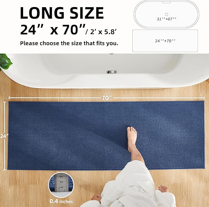 Bathroom Runner Rugs, Long Bath Mat Runner Washable Thin Quick Dry Low Pile Bathroom Runner Rugs Non Slip, Navy Blue 24"x70"