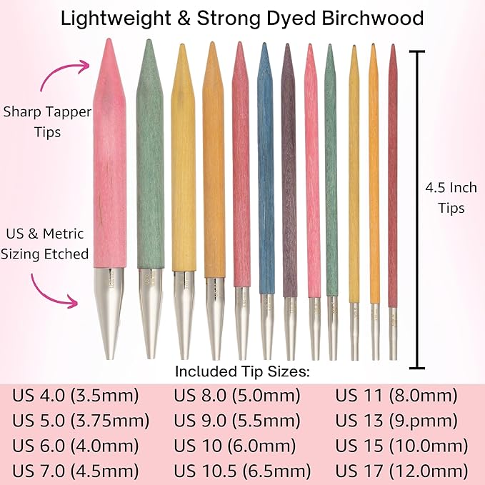 Lykke Colour 5 in. Complete Set US Sizes 4, 5, 6, 7, 8, 9, 10, 10.5, 11, 13, 15, 17 Interchangeable Circ. Knitting Needles for DK, Worsted, Chunky Yarns, Birch, 5 Cords, Grey DM Case, Project Bag