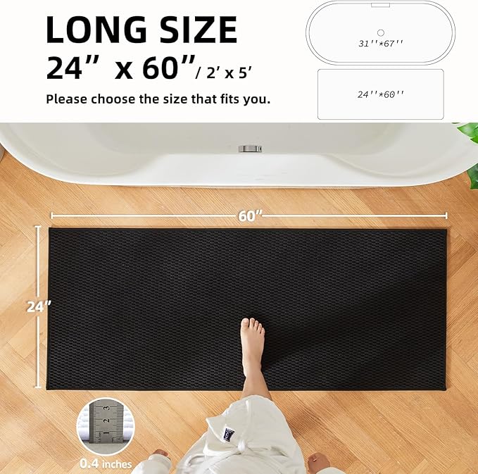 Black Bathroom Runner Rug, Long Bath Mat Washable Thin Quick Dry Low Pile Bathroom Runner Rugs 24 x 60 Non Slip, Black 24''x60''