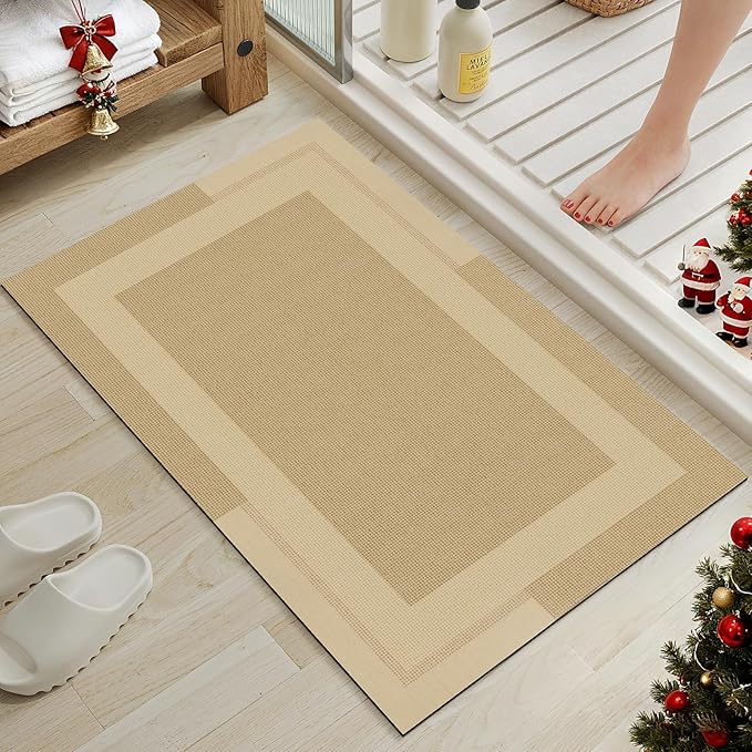 Non Slip Bath Mat, Rubber Backing Ultra Thin Bathroom Rugs Fit Under Door Quick Dry Super Absorbent Washable Bath Rug Shower Mat for Bathroom Floor Bathtub Shower Sink, Easy Care Brown 16"x 24"