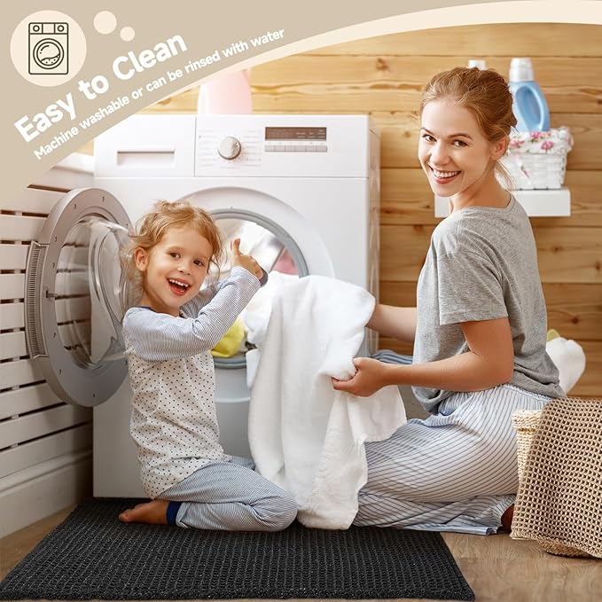 Black Long Bathroom Rug, Waffle Runner Rug Bathroom Non Slip Washable Super Absorbent Quick Dry Boho Farmhouse Bath Decor, 60"x24" Black