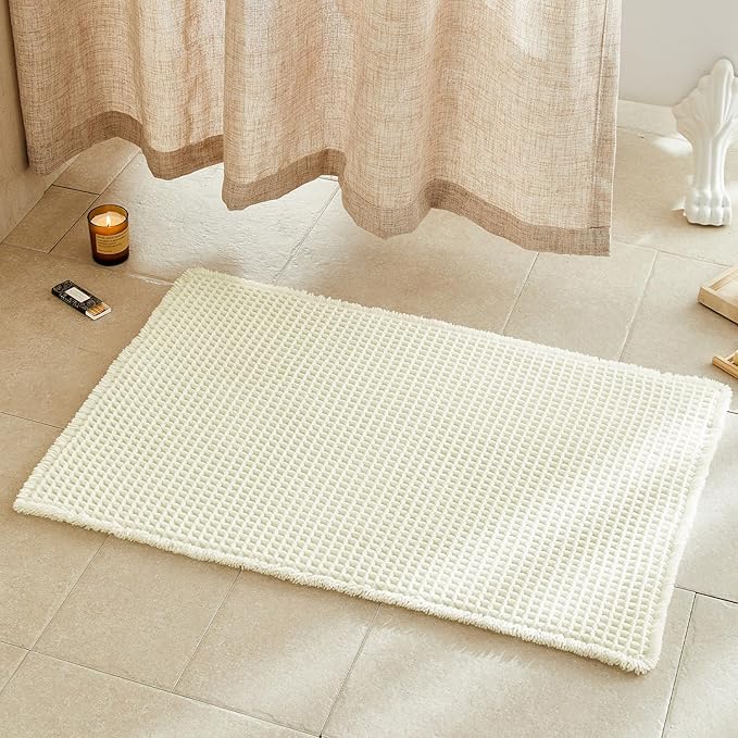 Cream White Bathroom Rugs, Waffle Bath Mat Non Slip Washable Super Absorbent Quick Dry Boho Farmhouse Bathroom Decor, 36"x24" Cream White