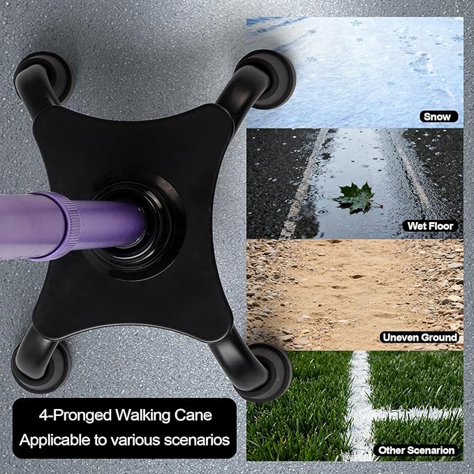 Quad Cane with LED Light (300 lbs) - Adjustable 4-Pronged Walking Cane Sticks for Men & Women, Extra Balance & Stability for Seniors