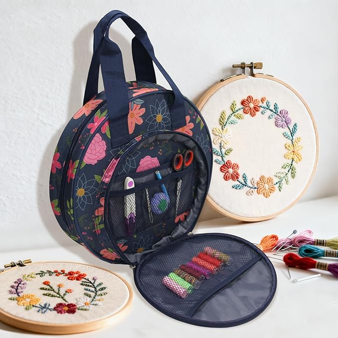 JLDTOP Round Embroidery Project Bag Embroidery Storage Organizer Cross Stitch Bag Floral for Floss, Hoops, Thread, Knitting Tools(Bag Only) (Blue Floral)