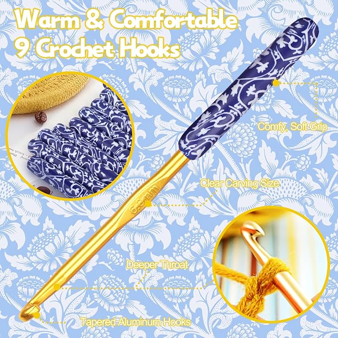 Coopay Warm Crochet Hooks Comfort Grip, Dark Blue & White Porcelain Art Handle Crochet Set for Beginners, Longer Aluminum Shaft Crochet Hook Set 2.0mm-6.0mm, Smooth Crochet Needles Set for Crochet