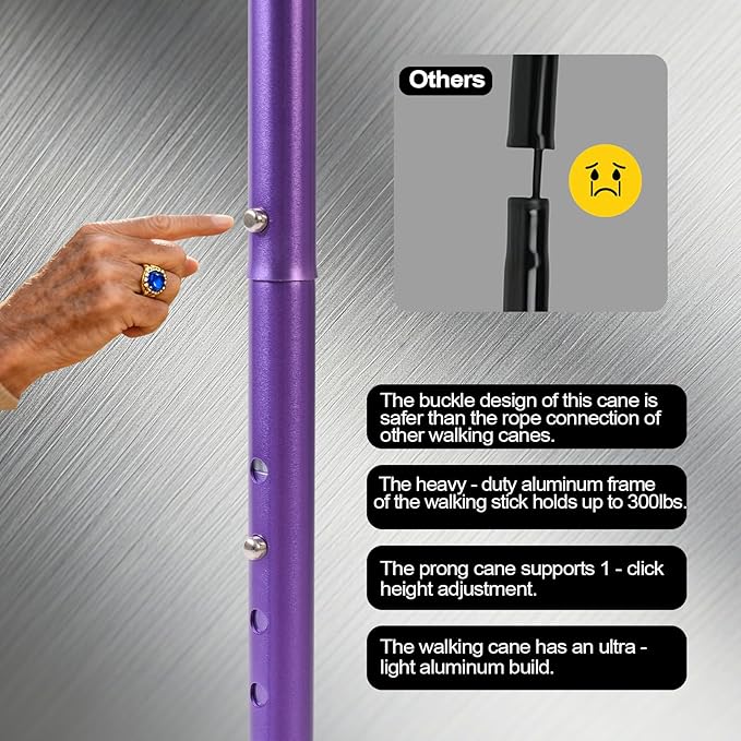 Quad Cane with LED Light (300 lbs) - Adjustable 4-Pronged Walking Cane Sticks for Men & Women, Extra Balance & Stability for Seniors