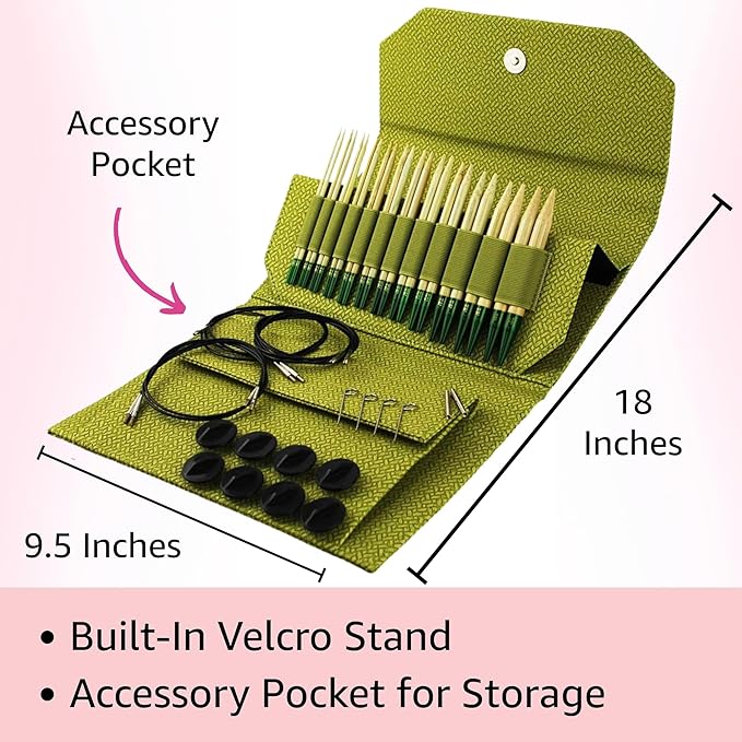 Lykke Grove 5 in. Complete Set US Sizes US 3, 4, 5, 6, 7, 8, 9, 10, 10.5, 11, 13, 15 Interchangeable Circ. Knitting Needles for DK, Worsted, Chunky Yarns, Bamboo, 5 Cords, Green BW Case, Project Bag