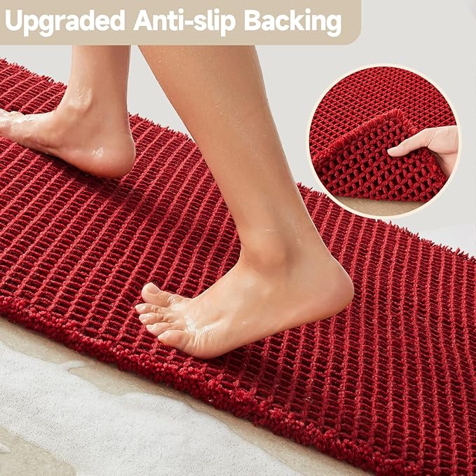 Waffle Bath Mat, Boho Bathroom Rugs Non Slip Washable Super Absorbent Quick Dry Bath Mat Farmhouse Bathroom Decor, 24"x16" Burgundy