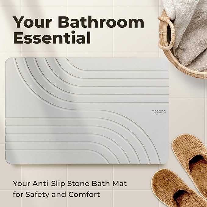 Stone Bath Mat, Diatomaceous Earth Non-Slip Stone Shower Mat - Quick Drying Absorbent Bath Mats for Bathroom - Elegant & Modern Design, Easy to Clean (23.5 x 15) - Grey