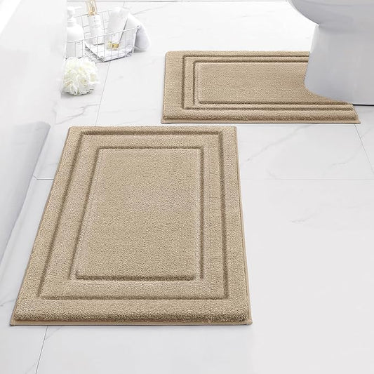 HOMEIDEAS Bathroom Rugs Sets 2 Piece, Super Soft and Absorbent Non Slip Microfiber U-Shaped Toilet Bath Mat Set (20"x32"+U20 x24, Khaki)
