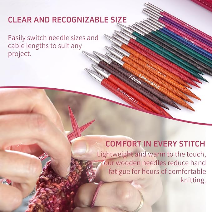 Weabetfu Interchangeable Circular Knitting Needle Set,Birch Wood Interchangeable Knitting Needles with Cable 12 Pairs 3mm-10mm Replacements Round Knitting Needle
