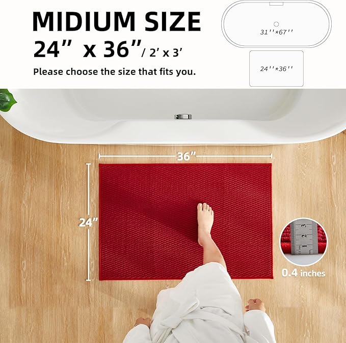 Christmas Bathroom Rugs Non Slip Washable, Super Absorbent Thin Bath Mat Quick Dry Low Pile Bathroom Rug, Red 24"x36"