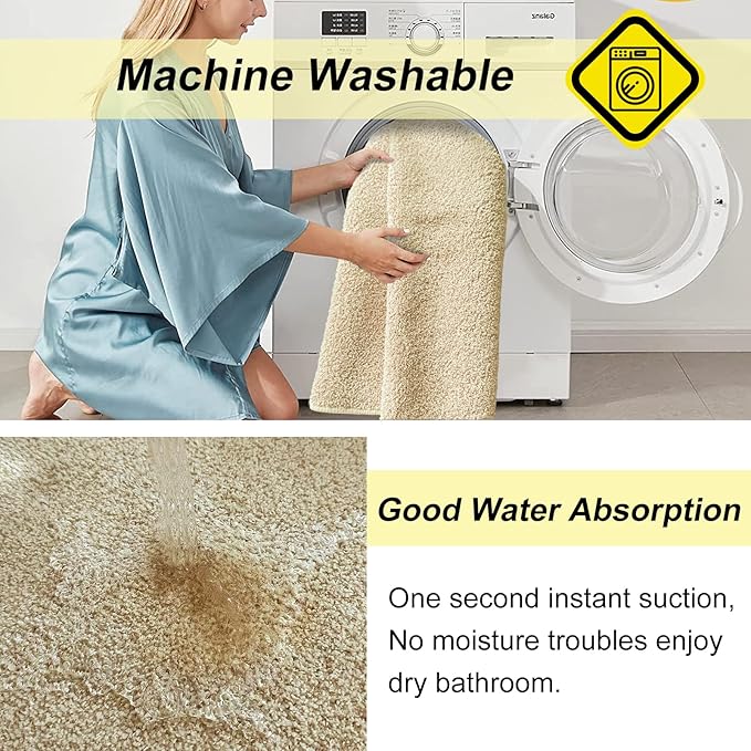 HDFK Bath Mat Runner Rug Non Slip 60x24 Inches Bathroom Rugs 2 Tone Plush Chenille Medium Pile with TPR Backing | Ultra Absorbent Solid Khaki | Long Mats for Tub Side Wet Dry Transition Zone Decor