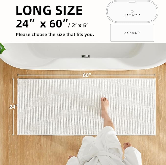 Bathroom Runner Rug, Long Bath Mat Washable Thin Quick Dry Low Pile Bathroom Runner Rugs 24 x 60 Non Slip, White 24"x60"