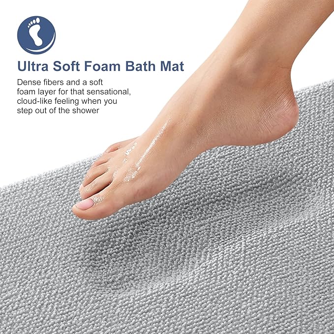 OLANLY Thick Memory Foam Bath Mat Rug 47x20, Extra Soft Absorbent Bathroom Rug, Quick Dry Bath Mats, Non-Slip, Machine Washable Carpet for Bathroom, Tub and Shower, Home Decor Accessories, Light Grey