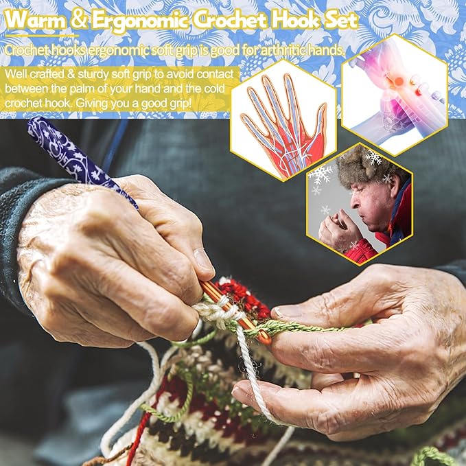Coopay Warm Crochet Hooks Comfort Grip, Dark Blue & White Porcelain Art Handle Crochet Set for Beginners, Longer Aluminum Shaft Crochet Hook Set 2.0mm-6.0mm, Smooth Crochet Needles Set for Crochet