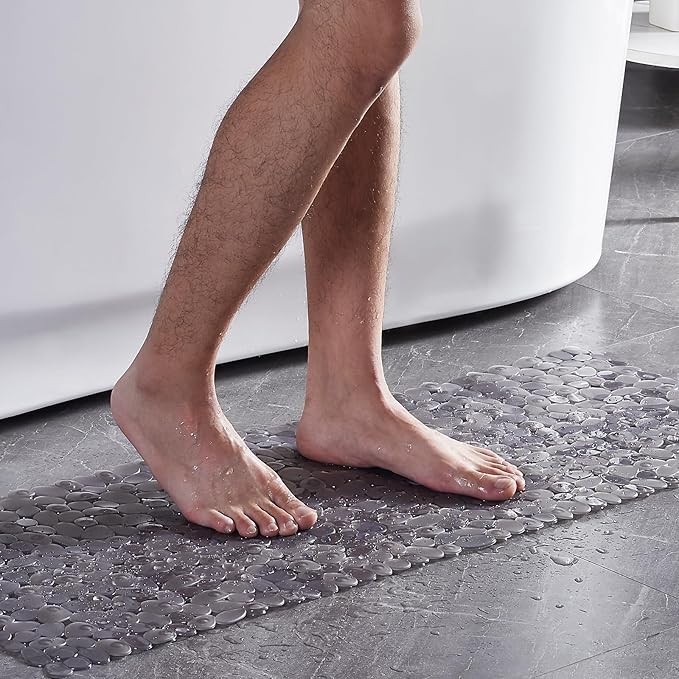 Bath Shower Mat Non Slip: Extra Large Pebble Bathtub mat for Families, Anti Slip Shower Matt with Drain Holes Suction Cups Tub Mat - 16 X 40 Inch Clear Grey