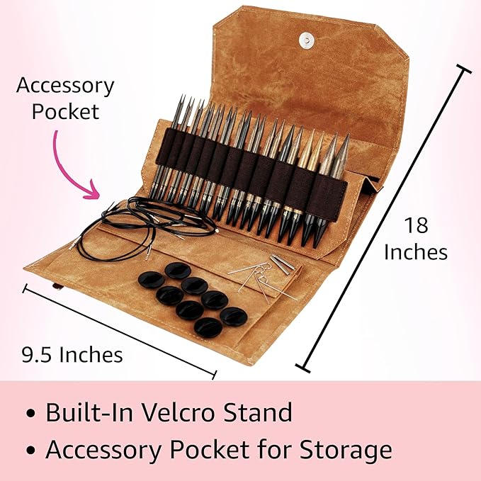 Lykke Umber 5 in. Complete Set US Sizes 4, 5, 6, 7, 8, 9, 10, 10.5, 11, 13, 15, 17 Interchangeable Circ. Knitting Needles for DK, Worsted, Chunky Yarns, Birch, 5 Cords, Umber DM Case, Project Bag