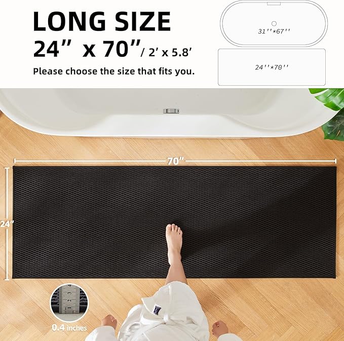 Black Bathroom Runner Rugs, Long Bath Mat Runner Washable Thin Quick Dry Low Pile Bathroom Runner Rugs Non Slip, Black 24''x70''