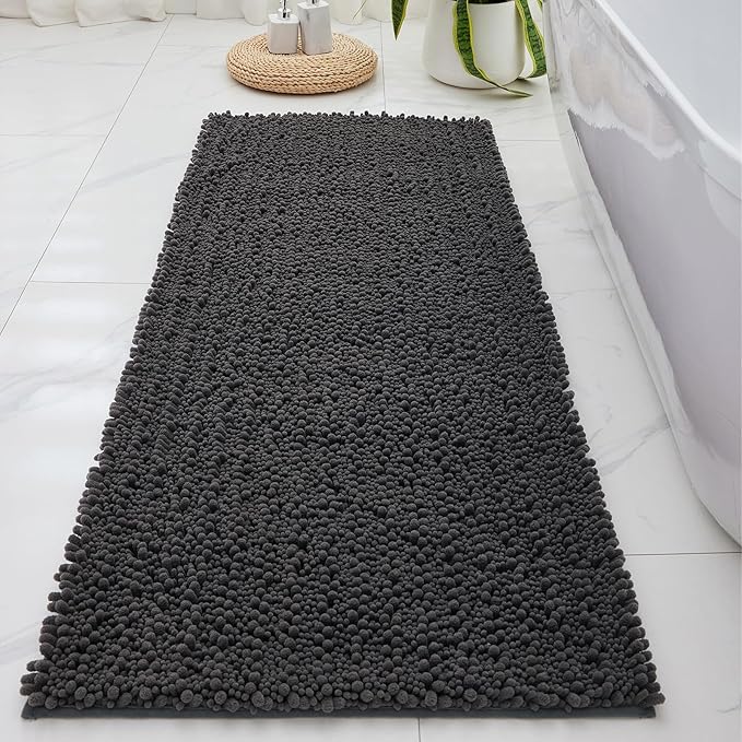 Bathroom Runner Rug 24x60 Non Slip Washable Long Bath Mat for Tub Thick Soft Absorbent Bathroom Floor Mat Large Chenille Bath Rug for Shower, Dark Grey