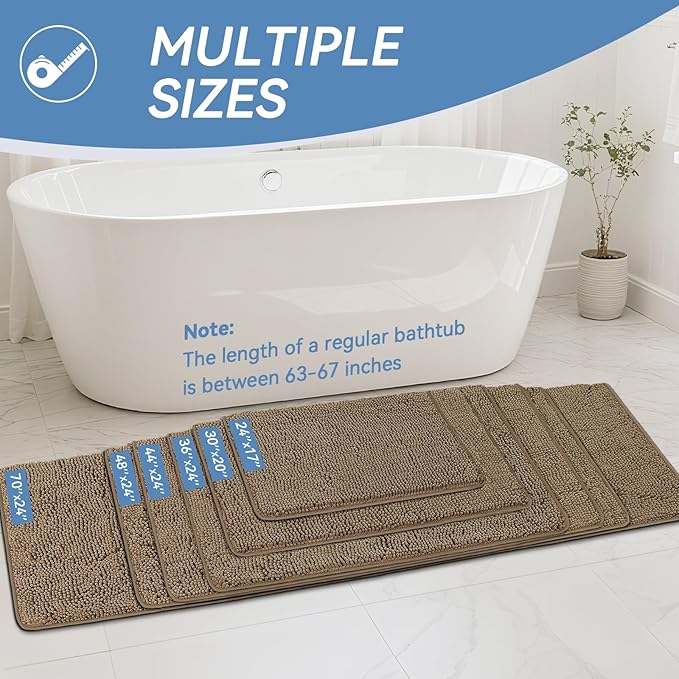 Bcoimo 36"×24" Absorbent Bath Mat, Non-Slip with Backing Chenille Bath Rug and Machine Washable Bathroom Mat Quick-Dry Design. Ideal for Bathroom and Tub Areas