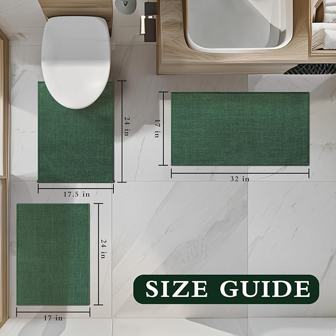 YIHOUSE Green Bathroom Rug Set 3 Piece, Absorbent Bath Mat for Bathroom Non Slip Washable, Quick Dry, Thin Bath Rug for Toilet and Floor
