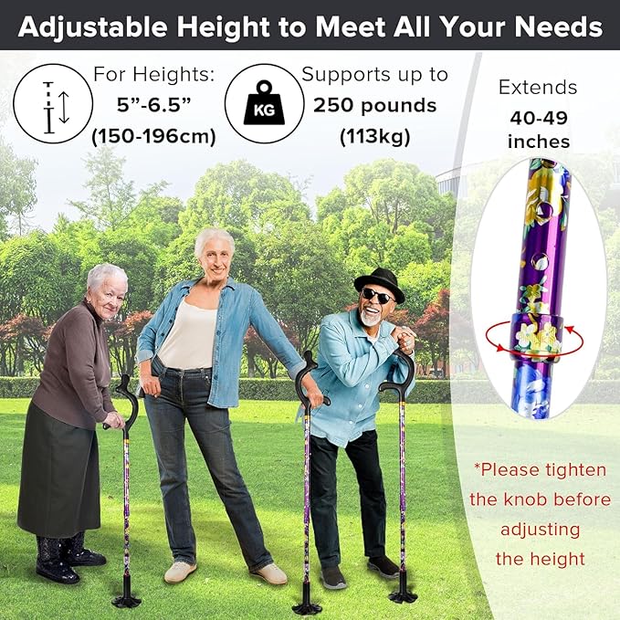 Walking Canes for Women for Stability - YOKABOZE Walking Sticks for Seniors Balance, Height Adjustable Anti-Slip Lightweight Aluminum Folding Cane Collapsable for Travel Purple Plaid