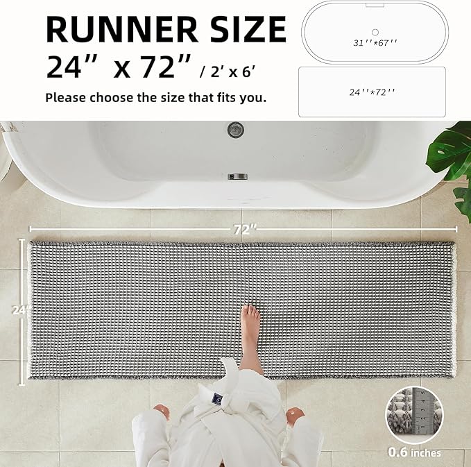 Waffle Runner Rug Bathroom, Long Boho Bathroom Rugs Non Slip Washable Super Absorbent Quick Dry Farmhouse Bath Decor, 72"x24" Grey and White