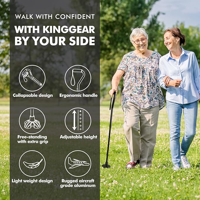 KINGGEAR F1 Walking Stick, Walking Cane for Women & Men, Self Standing Walkers for Seniors with Wrist Strap, Lightweight & Sturdy Offset EVA Handle and Large Quad Base