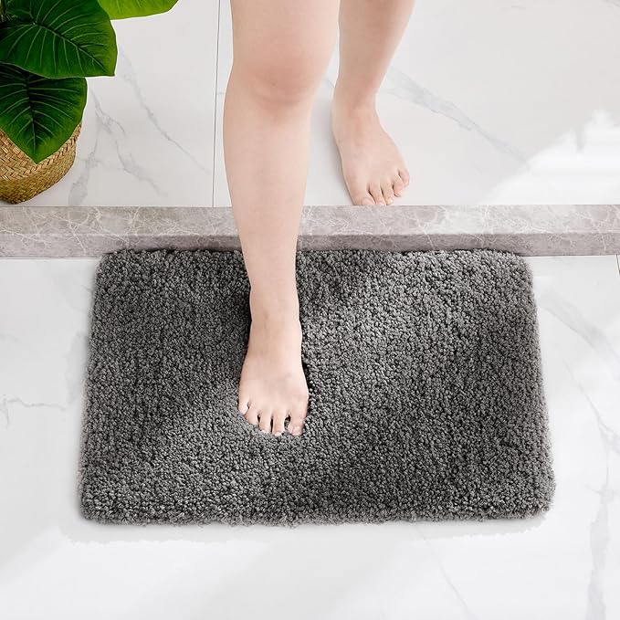 Small Bathroom Rugs 17x24 Non Slip Dark Grey Fluffy Bath Mat for Bathroom Floor Machine Washable Plush Luxury Bath Rug for Tub Soft Shaggy Absorbent Shower Mat