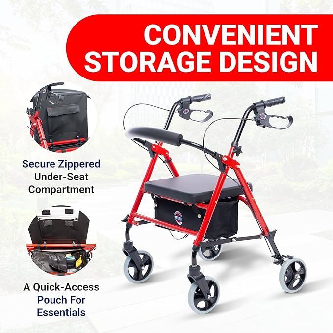 Arrigo Rollator Walker with Large Cushioned Seat – Folding 4-Wheel Steel Rolling Walker with Brakes, Soft Backrest & Zippered Storage – Smooth Ride, Adjustable Height, Supports up to 350 lbs
