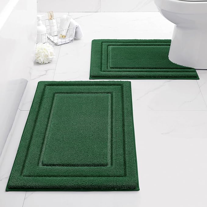 HOMEIDEAS Bathroom Rugs Sets 2 Piece, Super Soft and Absorbent Non Slip Microfiber U-Shaped Toilet Bath Mat Set (20"x32"+U20 x24, Dark Green)