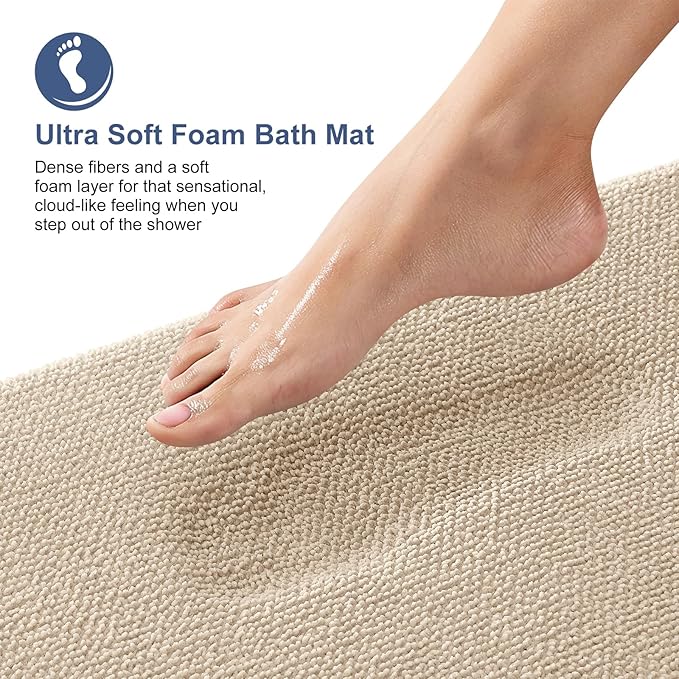 OLANLY Thick Memory Foam Bath Mat Rug 59x24, Extra Soft Absorbent Bathroom Rug, Quick Dry Bath Mats, Non-Slip, Machine Washable Carpet for Bathroom, Tub and Shower, Home Decor Accessories, Beige