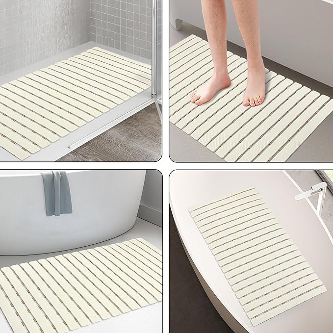 MBOSS Bath Tub Shower Mat Non Slip Bathtub Mats for Bathroom Shower Floor Mat Bath Mats for Shower Tub Anti Slip Shower Mat with Drain Hole and Large Suction Cups (Ivory White, 27.5 X 15.7 Inch)