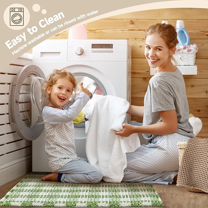 Waffle Bath Mat, Boho Bathroom Rugs Non Slip Washable Absorbent Checkered Bathroom Mat Quick Dry Cute Bath Mat, 48"x24" Green and White