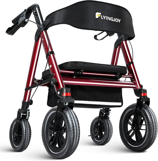 Rollator Walker with Seat,12" Front Wheels 10" Rear Rolling Walker, Extra-Wide Heavy-Duty Rollator Walker with Seat and Brakes for Seniors and Adults Bariatric with Large Aluminum (Red)